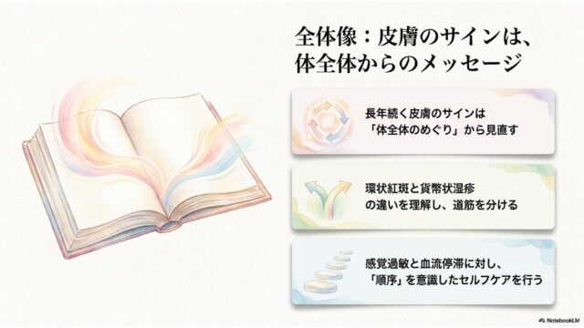 開かれた本のイラストの横に、「全体像：皮膚のサインは、体全体からのメッセージ」というタイトル。右側に3つのセクションがあり、それぞれ循環の見直し、疾患の理解、セルフケアの順序について解説している。