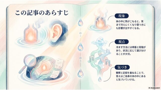 「この記事のあらすじ」という見出しの下、現象、視点、気づきという3つの項目が、耳や氷、ルーペの水彩風イラストと共に配置された見開き本風のデザイン。