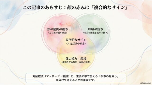 「頬の筋肉の硬さ」「呼吸の浅さ」「体の巡り・環境」の3要素が重なるベン図によって、顔の赤みの原因を解説している図解スライド。