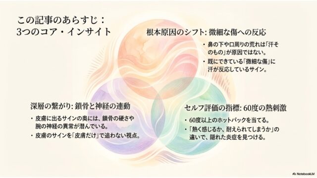 オレンジ、紫、緑の透過する3つの円が重なった図解。それぞれの円の傍らに、箇条書きのテキストが添えられている。