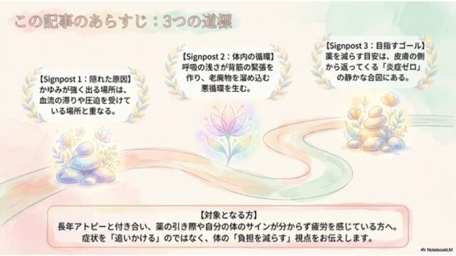水彩風の背景に、左から右へ続く道と、3つの「Signpost（道標）」の説明文。下部には対象読者を説明する枠線入りのテキスト。