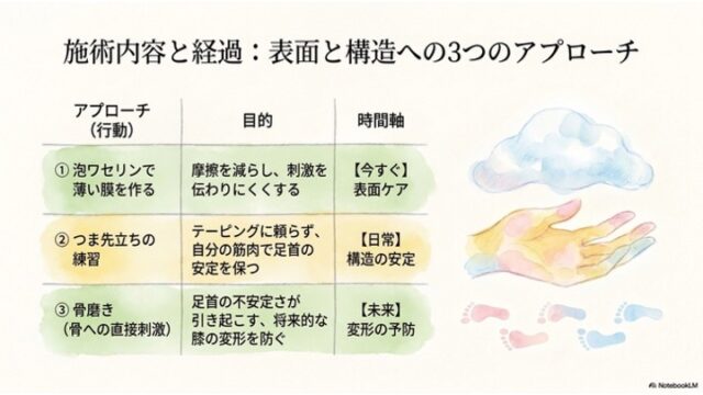 左側に「アプローチ」「目的」「時間軸」を整理した表があり、右側に雲、手、足跡のカラフルな水彩イラストが添えられた「施術内容と経過」に関するスライド。