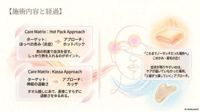 淡いベージュの背景。中央の縦線で左右に分けられており、左側には「Hot Pack Approach」と「Kassa Approach」の施術内容テキスト。右側には線画の人物の横顔があり、こめかみ付近が光っている。湯気のあるタオルのイラストと、勾玉型のカッサのイラスト、解説の吹き出しが添えられている。