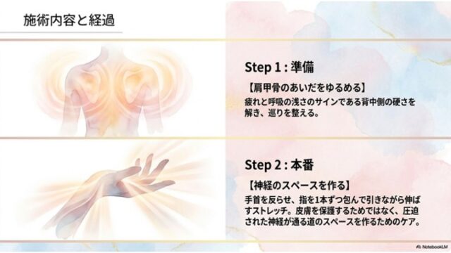 施術の2つのステップを示したスライド。Step 1では背中をゆるめるイラストとテキスト、Step 2では手首と指を伸ばすストレッチのイラストとテキストが並べられている。