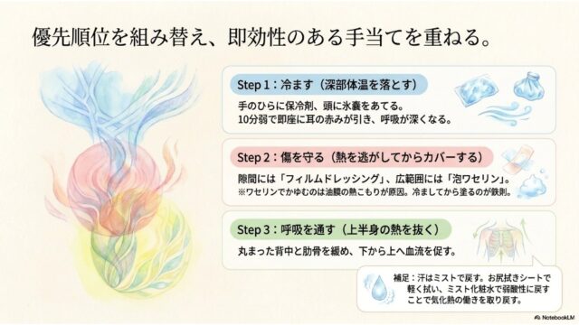 「冷ます」「傷を守る」「呼吸を通す」という3つのステップと、保冷剤やワセリン、肺などのイラストを使って具体的なアプローチ順序を説明するスライド。