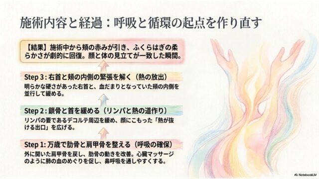 左側には、下から上に向かって「Step 1: 呼吸の確保」「Step 2: リンパと熱の道作り」「Step 3: 熱の放出」そして一番上に「結果」と書かれた段階的なブロックが並んでいる。右側には、上を向いた両手から淡いパステルカラーの光が立ち上るイラストが添えられている。