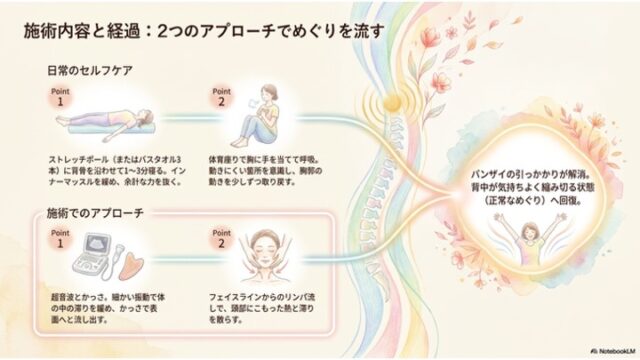 「日常のセルフケア」と「施術でのアプローチ」の具体的な実践イラストから、中央の虹色のめぐりラインを経て、右側の「バンザイの引っかかり解消」を喜び両手を上げる女性のイラストへとつながる、施術効果のプロセスを示したイラストスライド。