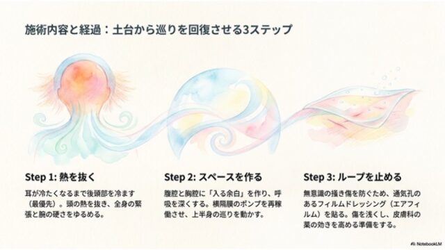 「施術内容と経過：土台から巡りを回復させる3ステップ」という見出し。左から「Step 1: 熱を抜く」「Step 2: スペースを作る」「Step 3: ループを止める」の手順が、それぞれの段階を表現した水彩イラストと解説テキストで並べられたスライド。