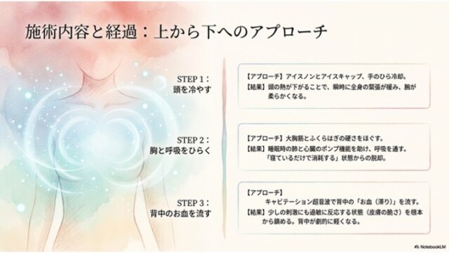 左側に青い光に包まれた上半身のイラストと3つのステップ名。右側にそれぞれの施術アプローチと結果（「頭の熱が下がる」「呼吸を通す」「背中が劇的に軽くなる」など）が書かれた3つの白いボックス。