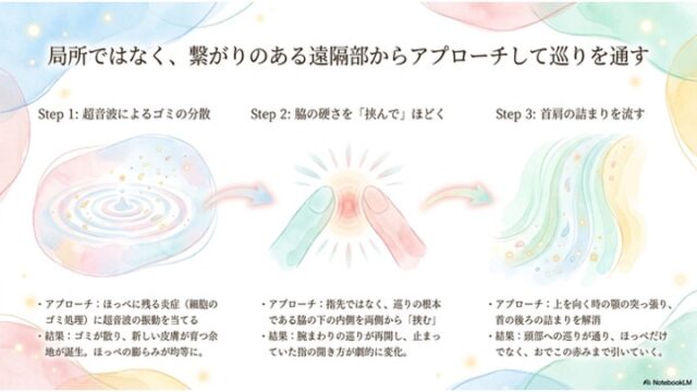 3つの治療ステップを左から右へ横一列に並べたプロセス解説図。Step 1は青い水紋のイラスト、Step 2は中央のオレンジ色の球体を左右から指先で挟んでいるイラスト、Step 3は緑と黄色のウェーブが流れるイラスト。それぞれのステップの下にはアプローチ方法（超音波、脇を挟む、首の後ろの詰まり解消）と、その改善結果の詳細なテキストが配置されている。