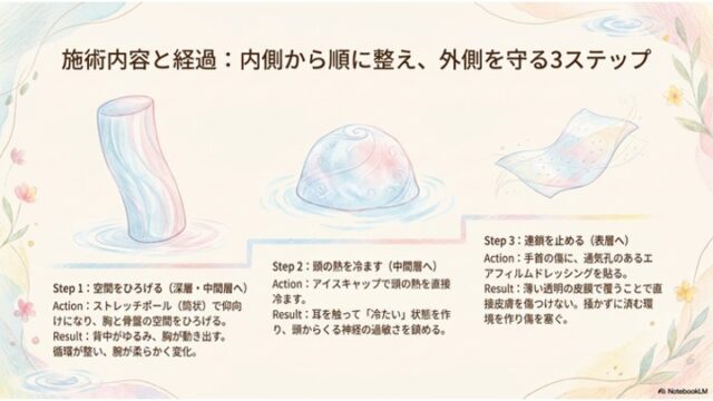 「施術内容と経過：内側から順に整え、外側を守る3ステップ」というタイトルのもと、左から右へ階段状に並んだStep 1（空間をひろげる）、Step 2（頭の熱を冷ます）、Step 3（連鎖を止める）の解説文とそれぞれの内容を表すイラストが描かれたスライド。