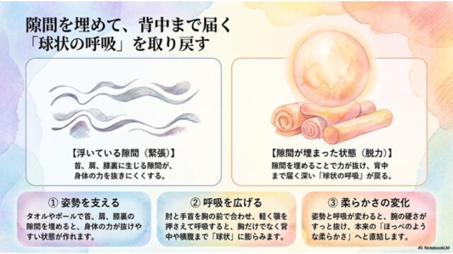緊張を示す波線のイラスト（左）と、タオルで隙間を埋めて球状の呼吸が戻った様子を示すイラスト（右）が並び、下部に具体的な実践方法を示す「姿勢を支える」「呼吸を広げる」「柔らかさの変化」の3つのテキストボックスが並んだスライド。