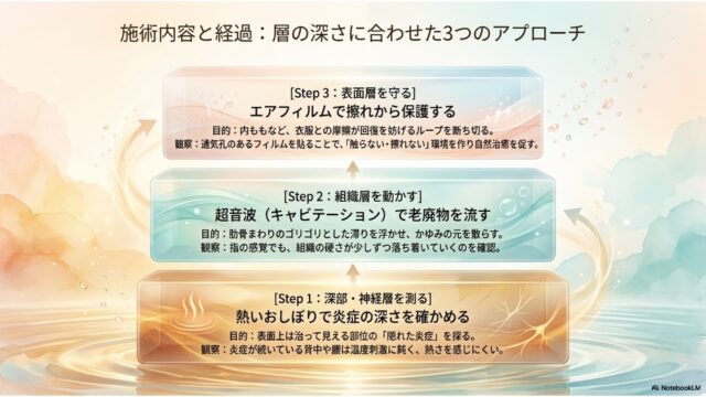 下から上へ積み重なる3つのブロックで、皮膚の深さ（深部・組織・表面）に応じた施術内容を示したスライド