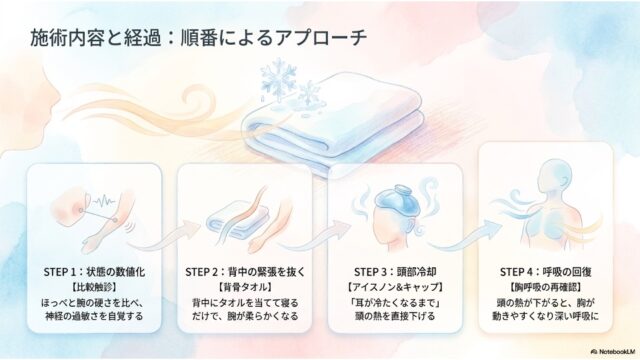 STEP1からSTEP4まで、比較触診、背骨タオル、頭部冷却、胸呼吸の回復のイラスト付き手順が描かれたスライド。