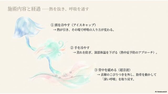 アイスキャップでの頭部冷却、手の冷却、背中への超音波施術による3段階の治療ステップと効果を解説したスライド。