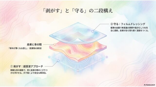 下層の「①剥がす：超音波アプローチ」と上層の「②守る：フィルムドレッシング」の立体的な2層イラストでケア構造を解説するスライド。