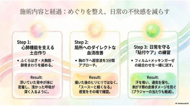 Step 1（土台作り）、Step 2（血流改善）、Step 3（貼付ケア）の3段階の施術内容とそれによる具体的な改善結果をまとめたカード型のスライド。