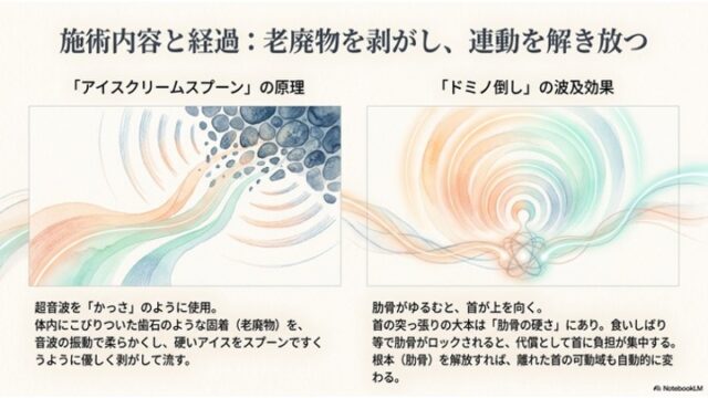 音波で老廃物を剥がすイラストと、肋骨の弛緩が首の可動域を広げる同心円状の波紋イラストによる施術メカニズムの解説画像。