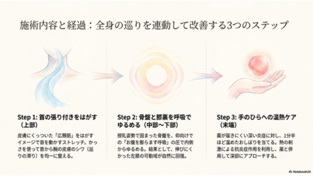 3つの施術ステップが左から右へ矢印で繋がれた構成。左には首元の巡り、中央には同心円状の波紋、右には手のひらの上の球体のイラストがあり、それぞれのステップに解説が添えられています。