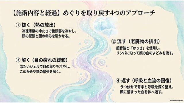 流れる水のグラフィックの周りに「抜く」「流す」「解く」「返す」の4つの施術プロセスが記載されたスライド。