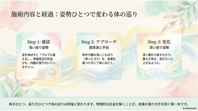 「Step 1: 確認」「Step 2: アプローチ」「Step 3: 変化」の3段階のカードが横に並び、座り姿勢の改善プロセスと効果を解説したスライド。