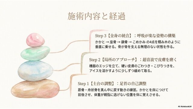 積み上げられたロックバランス（石積み）のイラストから、右側の3つのステップの説明文へ線が伸びている。土台から全身の統合へと向かうプロセスを視覚化している。