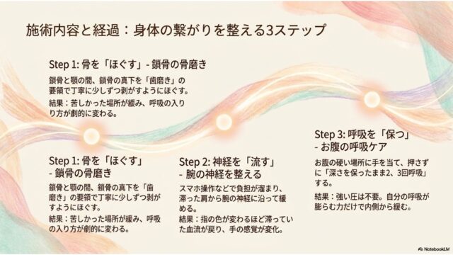 画面を横断するパステルカラーの曲線と、4つの光る点。各点に対応するようにステップ1から3の解説テキストが配置されている。