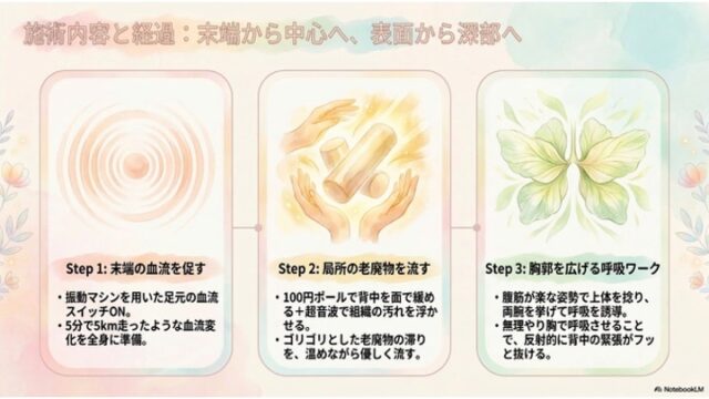 「Step 1: 末端の血流を促す」「Step 2: 局所の老廃物を流す」「Step 3: 胸郭を広げる呼吸ワーク」という3つの施術ステップがイラストとテキストで横に並んだ図。