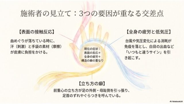 「施術者の見立て：3つの要因が重なる交差点」というタイトルの下に、渦巻く三色の光のイラストを中心に配置し、「表面の接触反応」「全身の疲労と低気圧」「立ち方の癖」の3つの要素を解説するスライド。
