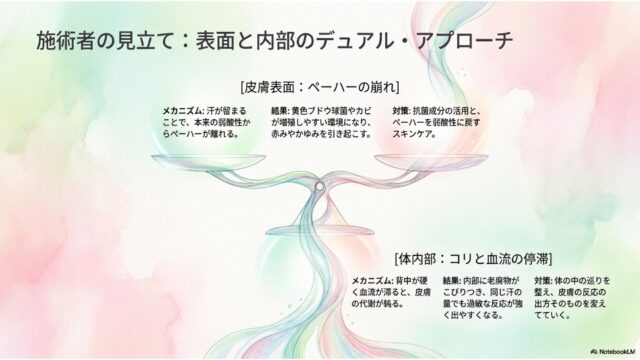 淡い水彩画風の背景。中央に3つのトレイを持つ抽象的でカラフルな天秤のイラストが描かれ、左側には皮膚表面のペーハーの崩れ、右側には体内内部のコリと血流の停滞に関する詳細なテキストが記述されているスライド。