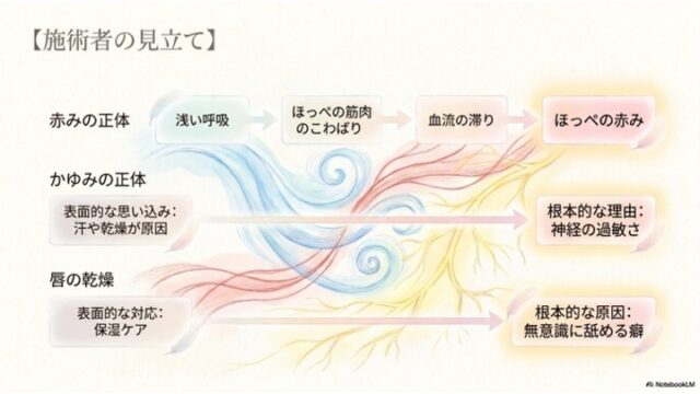 淡いベージュの背景に、水色、赤、黄色の流れるラインのイラスト。「赤みの正体」「かゆみの正体」「唇の乾燥」の3つの要素について、左から右へ矢印で原因と根本的な理由を繋ぐフローチャートが描かれている。右端の結論となるカードは黄色い光を放っている。