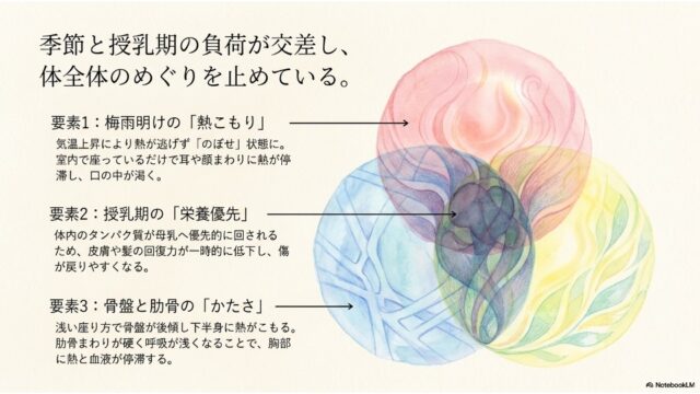 赤・青・黄の3つの重なり合う円のイラストを用いて、梅雨明けの熱こもり、授乳期の栄養優先、骨盤と肋骨のかたさという3つの要因が体全体のめぐりを止めている関係図を示すスライド。