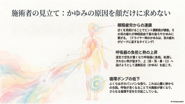 中央に直立する人物の薄い水彩風シルエット。頭部、胸部、足（ふくらはぎ）にそれぞれ色の付いたマーカーがあり、そこから引き出し線で「眼精疲労からの連鎖」「呼吸器の負担と熱の上昇」「循環ポンプの低下」についての解説が述べられている。