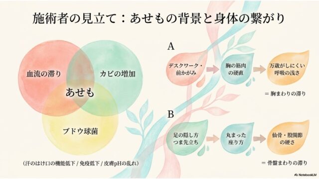 左側にあせもの原因を表す3つの重なり合う円（ベン図）、右側に姿勢の崩れ（A：前かがみ、B：つま先立ちなど）から身体の滞りへと至るステップを描いた矢印付きのフロー図が並ぶスライド。