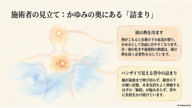 頭と背中に黄色い光の点を宿した人物シルエットのイラストから、右側にある「頭の熱を冷ます」と「バンザイで見える背中の詰まり」という2つのテキストボックスにラインが伸びている説明スライド。