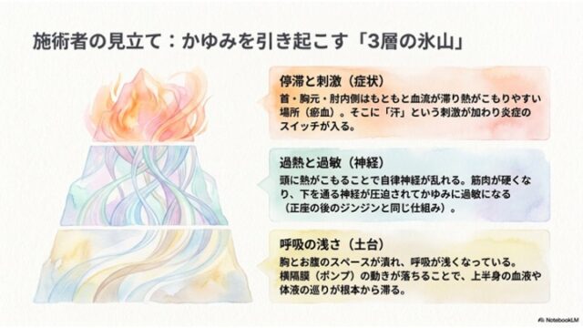 「施術者の見立て：かゆみを引き起こす「3層の氷山」」という見出し。左に3層に色分けされた山の水彩イラストがあり、右にそれぞれの層に対応する「停滞と刺激」「過熱と過敏」「呼吸の浅さ」の説明テキストが書かれたスライド。