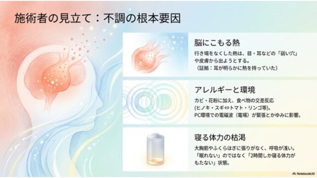 左側に人の頭部と流れるエネルギーのイラスト。右側に「脳にこもる熱」「アレルギーと環境」「寝る体力の枯渇」という3つの解説ボックスと、炎、波紋、残量の少ない電池のイラストが並ぶスライド。