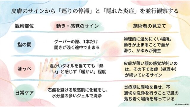 観察部位、動き・感覚のサイン、施術者の見立てを3列に整理した表。観察部位として「指の間（青丸）」、「ほっぺ（赤丸）」、「日常ケア（緑丸）」が縦に並び、それぞれに対応する動きの特徴や感覚の鈍さ、洗顔による肌ストレスと、施術者による「物理的に温めにくい場所での血の滞り」や「潜在的な炎症」の見立てが詳細に書かれている。