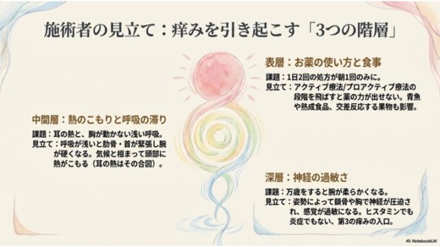 「施術者の見立て：痒みを引き起こす『3つの階層』」というタイトルのもと、中央にカラフルで螺旋状にねじれた抽象的な水のイラストが配置され、その周囲に表層・中間層・深層の3つの課題と見立てが説明されたスライド。