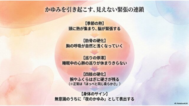 淡い水彩背景の中央に大きなオレンジ色の円が描かれ、その中で「季節の熱」から「身体のサイン」まで、緊張が連鎖していく5つのステップが下向きの矢印で繋がれて示されているダイアグラムスライド。