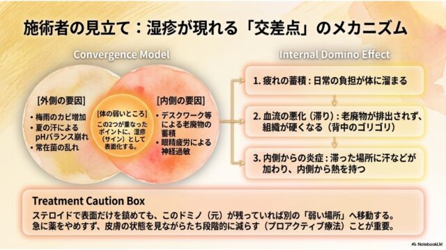 外的要因と内的要因の重なりを示すベン図と、体内の悪化ステップを示すフローチャートの解説スライド