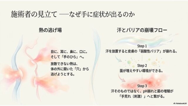 人体の熱の放散ルート（手や穴）と、汗の放置から弱酸性バリア崩壊・菌の増殖・手荒れに至る3ステップのフローを示したスライド。