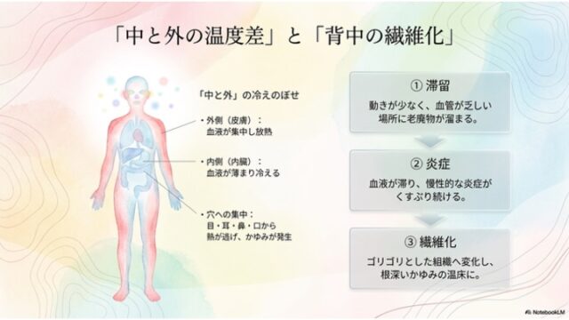 熱の偏りを示す人体図と、①滞留・②炎症・③繊維化の3ステップのフローチャートで背中の変化を説明するスライド。