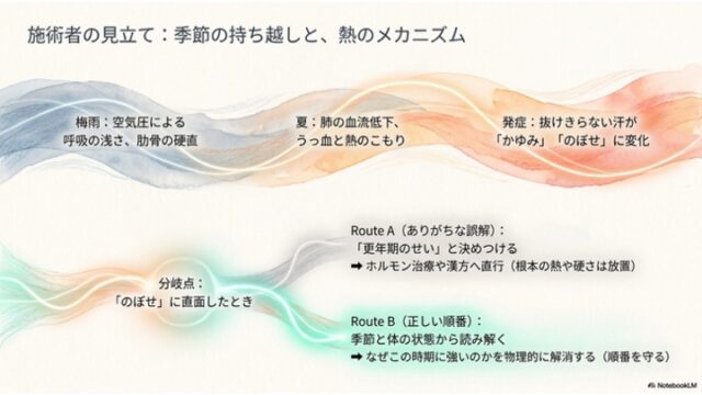梅雨から夏への身体の変化プロセスと、更年期と決めつけるRoute A・構造から解き明かすRoute Bの2つの対処ルートを示す図解スライド。