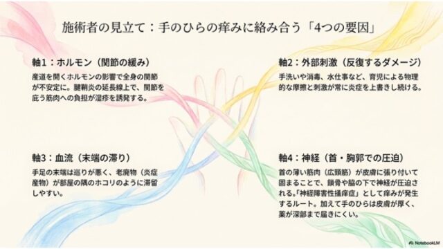 中央にカラフルなリボンが交差する手のひらの背景イラスト。四隅に「軸1：ホルモン」「軸2：外部刺激」「軸3：血流」「軸4：神経」に関する解説テキストが配置されています。