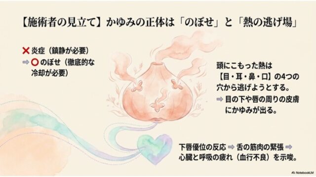 蒸気を発する壺とハートのイラストを中心に、頭にこもった熱が目や口から逃げることでかゆみが発生する仕組みを説明したスライド。