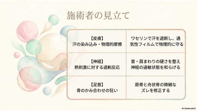 「施術者の見立て」というタイトルの下に表がある。行ごとに「皮膚・汗の染み込み」「神経・熱刺激への過剰反応」「足首・骨のかみ合わせ」という課題と、その対策が並んでいる。