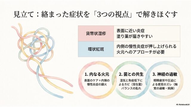 絡まった色糸のイラストの横に、症状の解説。貨幣状湿疹と環状紅斑の比較表、および「内なる火元」「菌との共生」「神経の過敏」という3つの視点を説明する3つの円の図。