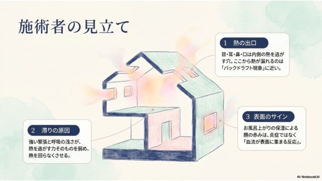 家の断面図イラストを人体に見立て、熱が漏れる様子や滞りの原因を「熱の出口」「滞りの原因」「表面のサイン」として解説するスライド。