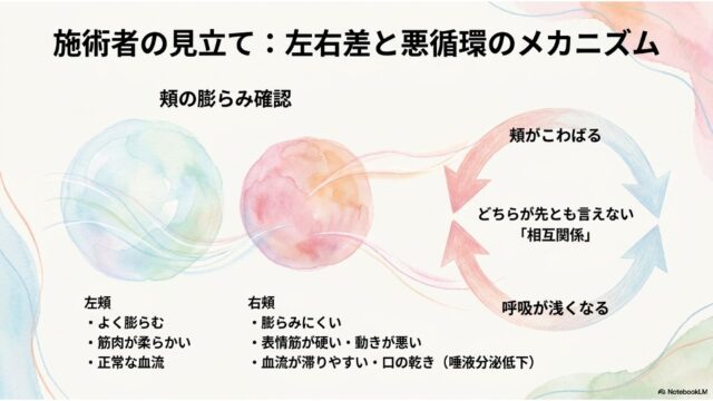 左右の頬の状態（筋肉の柔らかさ、血流、膨らみやすさ）を比較し、頬のこわばりと呼吸の浅さが相互関係にあることを示すループ図が含まれたスライド。